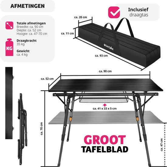tectake®- Table de camping en aluminium table de camping - pliable - réglable en hauteur - LxLxH : env. 90x52x47cm - noir - 404983