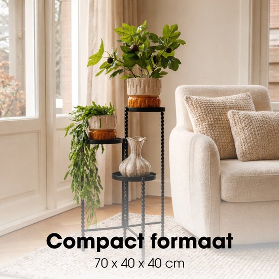 Mica Decorations Salvo - Support pour plantes d'intérieur - Tablette pour plantes d'intérieur - Support à trois étages - 40 x 40 x 70 cm - Fer - Noir