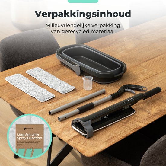 CLEANLY Mopping System with Spray and Wringer 136 cm - Floor Wiper - Mop Set with Foldable Bucket - Spray Mop - Width 36 cm - Black, Grey