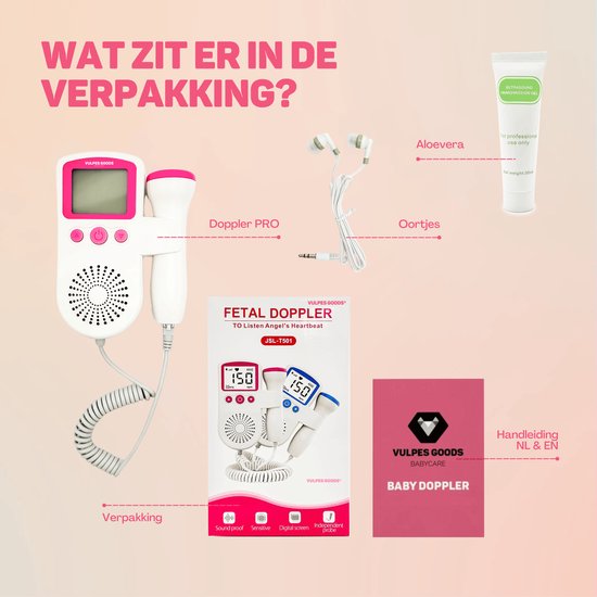 Vulpes Goods® BabyCare - Doppler Baby PRO - Baby Heart Monitor - Doppler fœtal - Doppler des battements cardiaques du bébé - Dispositif d'écho - Cadeau de grossesse - Rose - Gel d'échographie et bouchons d'oreille inclus