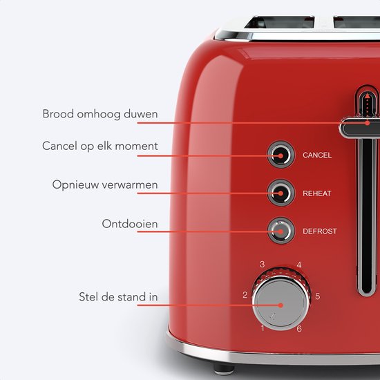 Grille pain - KitchenBrothers - Toaster - 6 niveaux de chaleur - Fentes larges - 870W - Rouge