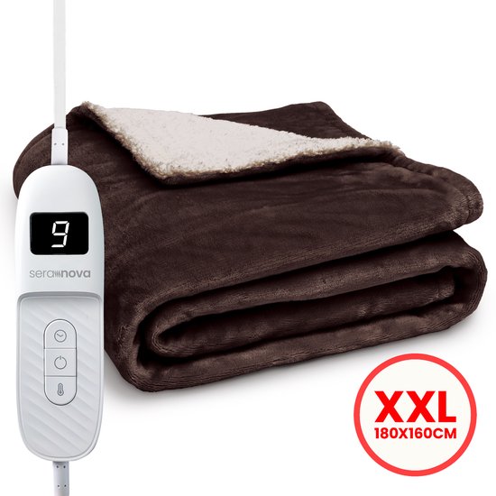 Seranova Couverture électrique XXL - 180x160 cm - Couverture 2 personnes - Couverture chauffante - Double face - Polaire Sherpa - Châtaigne