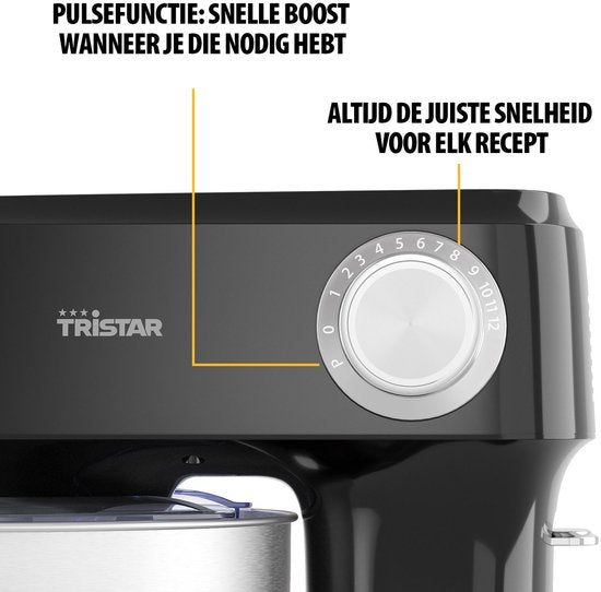 Robot de cuisine Tristar 800 W - Capacité de 4,5 L - Bol en acier inoxydable - 12 programmes - Noir