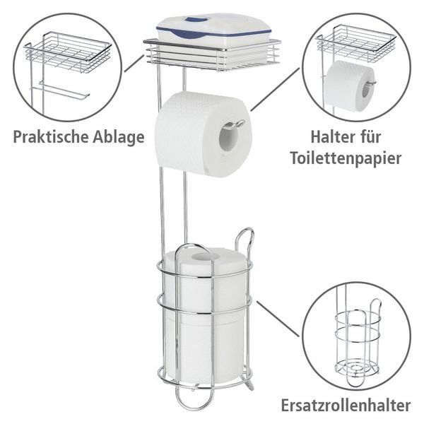 Porte-rouleau de papier toilette sur pied, chromé - Avec tablette et support pour rouleau de rechange