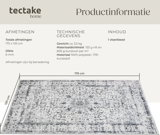Tapis tectake® au design vintage - Dalia - Tapis à poils courts pour le salon, la chambre d'enfant, la chambre à coucher ou l'entrée - Lavable - Différentes dimensions - 120 x 170 cm - gris