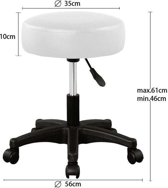 Tabouret roulant - Réglable en hauteur et rotatif à 360°C - Hauteur d'assise 51-65cm Blanc
