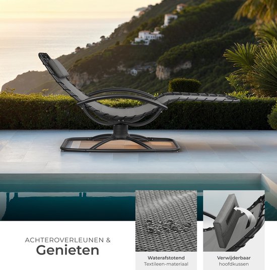 tectake® - Chaise longue Toulon - Fauteuil de jardin ergonomique avec fonction balançoire - Chaise longue réglable pour jardin, terrasse, balcon avec coussin pour la tête et accoudoirs confortables - Capacité de charge 120kg - Gris