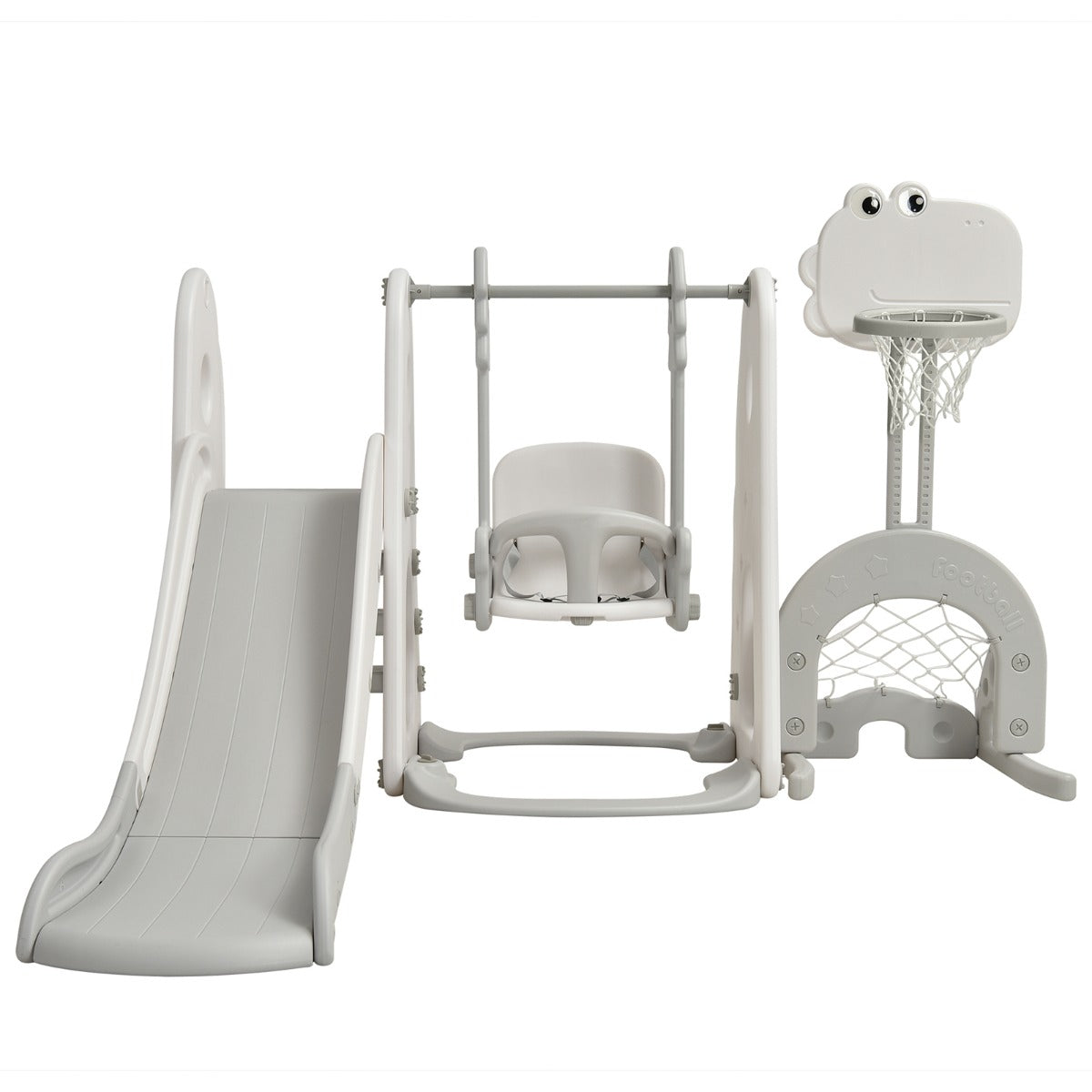 Toboggan et balançoire pour enfants 6-en-1 avec toboggan à grimper, panier de basket-ball, but de football et trou de golf gris