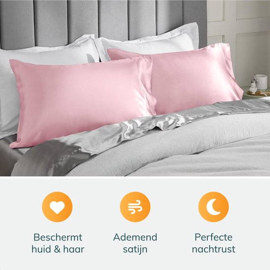 Ensemble de taies d'oreiller en satin - bonnet et masque de sommeil inclus - 60x70 cm - Bonnet de nuit - Boucles - Satin - Moerbij - Soie - Beauté - Soie - Douce - Satin rose - Soft & Silky