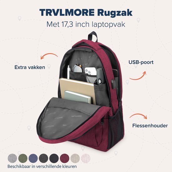 TRVLMORE Backpack - Sac à dos avec compartiment pour ordinateur portable 17,3 pouces - Cartable - Résistant aux éclaboussures - Hommes et Femmes - Garçons et Filles - 36L - Bourgogne