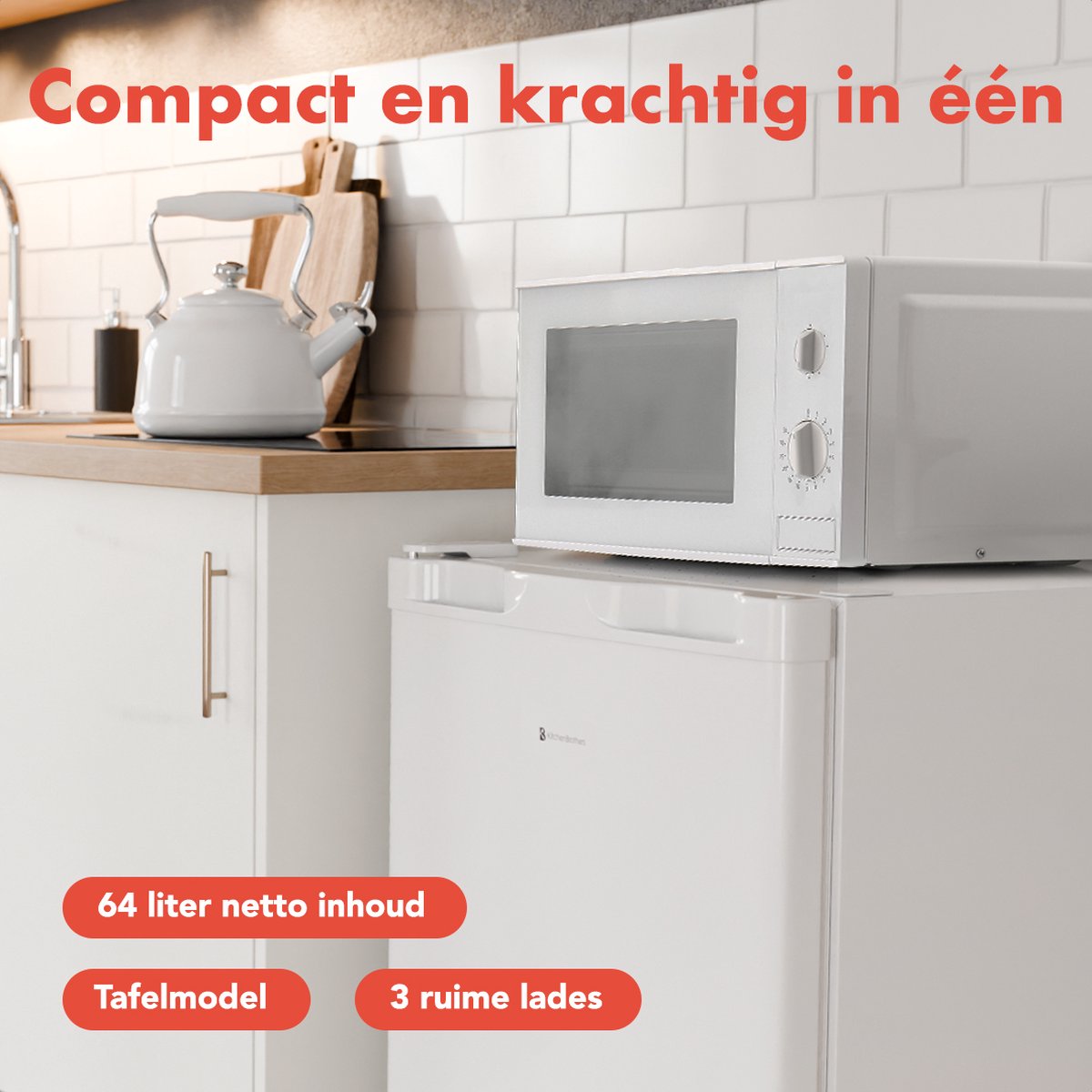 KitchenBrothers Freezer - 64L - Compact Table Top - 3 tiroirs de congélation - Congélateur - Freestanding - White
