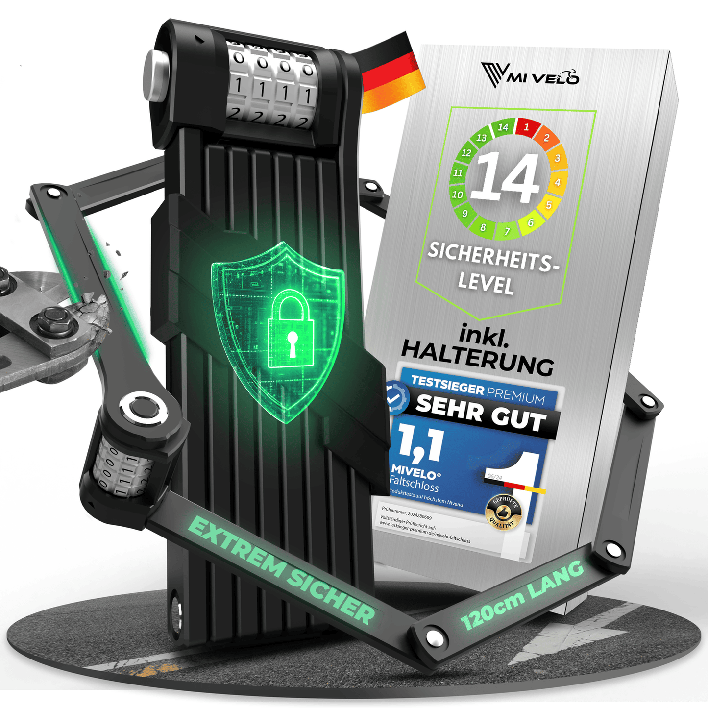 Cadenas pour vélo MIVELO  - Avec serrure à numéro - Acier inoxydable extrêmement robuste - 120 cm - Noir
