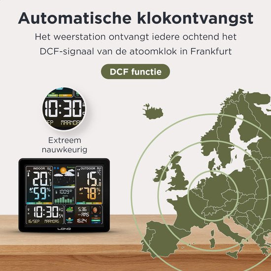 LONQ Station météo intérieure et extérieure Q5 - Piles incluses - Station météo sans fil avec capteur extérieur - Thermomètre Hygromètre - Affichage couleur - Horloge contrôlée par DCF