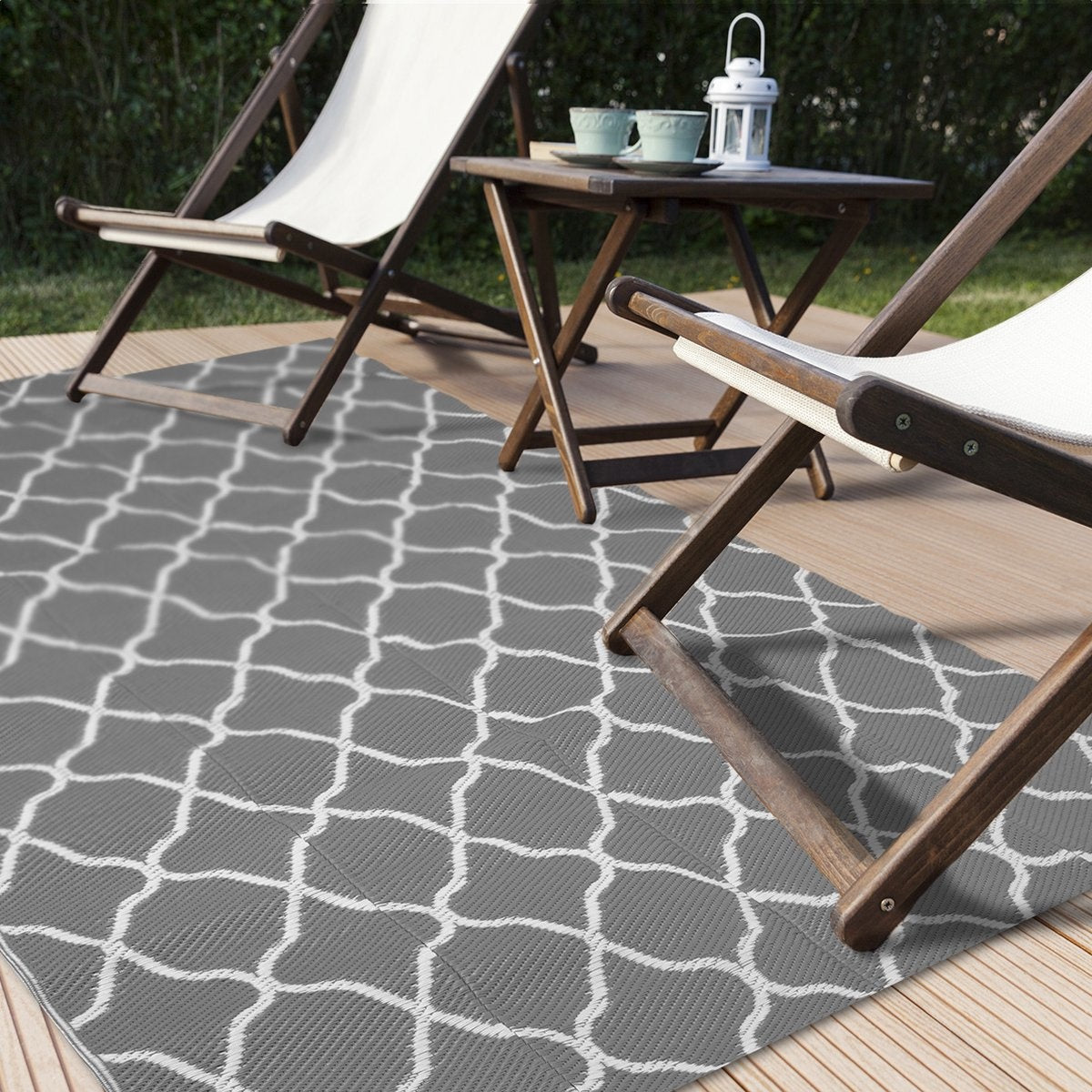 LifeGoods Tapis d'extérieur - 120x180CM - Tapis de jardin - Réversible - Sac de transport inclus - Avec motif - Gris/Blanc