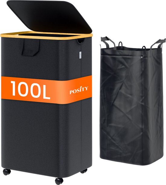 Posity Panier à linge sur roues - 100 litres - pliable - Panier à linge en tissu - Panier à linge - Avec couvercle et poignées - Bambou - Sac à linge inclus - Noir