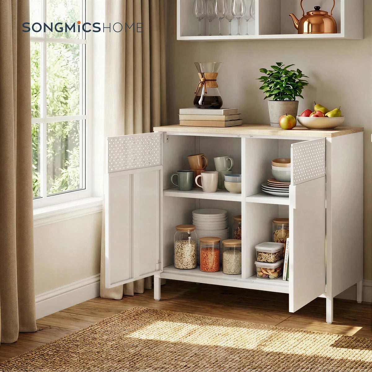 Armoire de rangement en métal Ochama 80 x 40 x 76 cm - Double porte - Étagère réglable - Blanc mat et jaune chameau