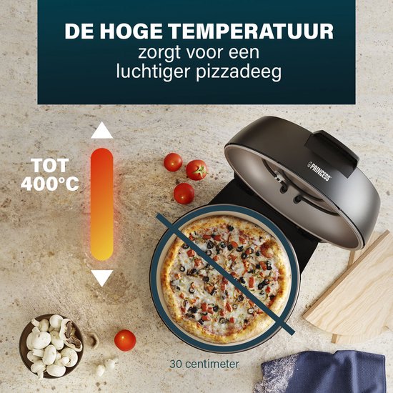 Four à pizza Princess 115005 - Appareil à pizza et four - Thermostat et minuterie réglables - 1 200 W - Pierre à pizza en céramique - 410 degrés - diamètre 30 cm - Noir