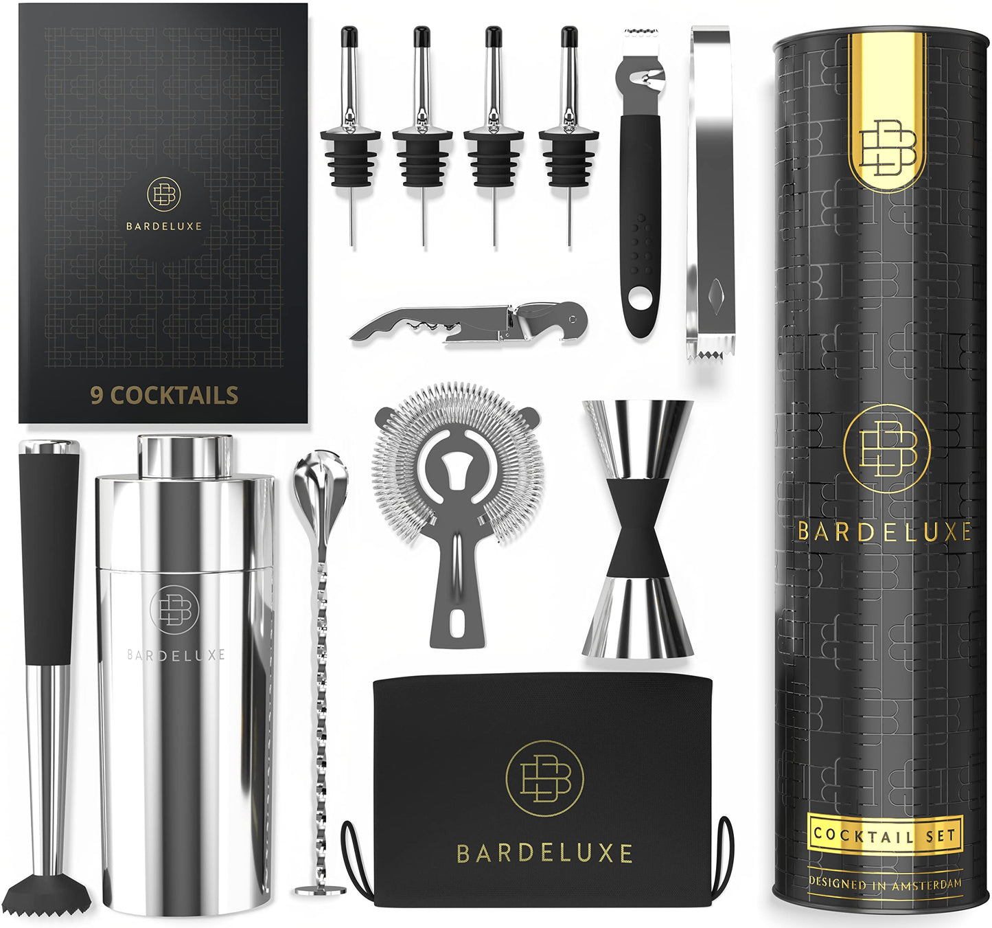BarDeluxe : set de cocktails professionnel - 12 pièces - shaker de 750 ml - acier inoxydable 304 - argent