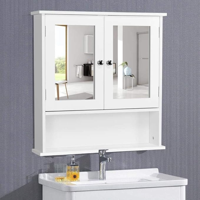 Armoire de salle de bains Yaheetech avec 2 portes miroir et compartiment de rangement ouvert - Blanc