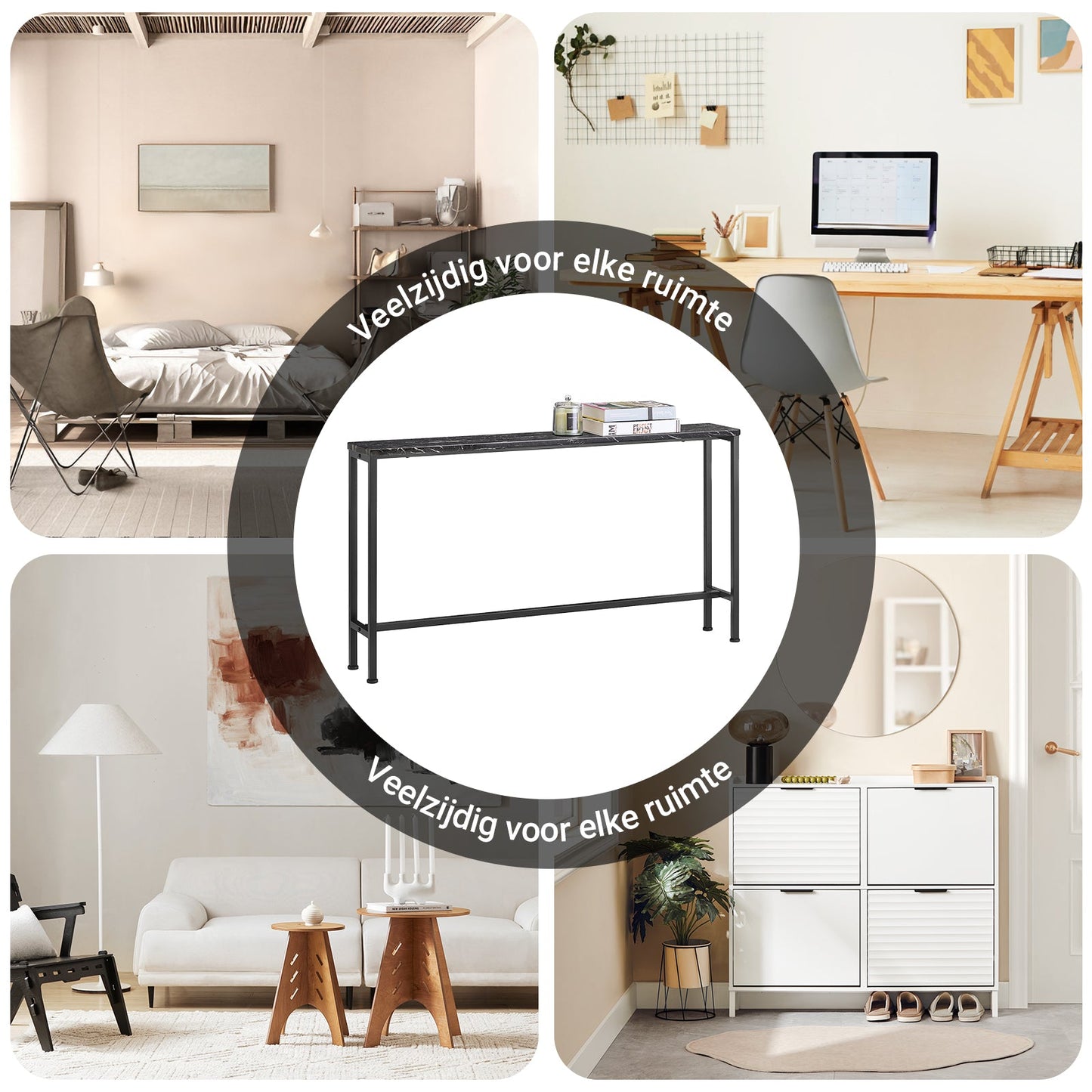 Table d'appoint Sobuy Consoletafel FSB19 SCH – 120 cm de longueur, avec plateau aspect marbre, structure métallique noire et patins de protection – Pour l'entrée et le salon – Bois et métal – 120 x 20 x 65 cm