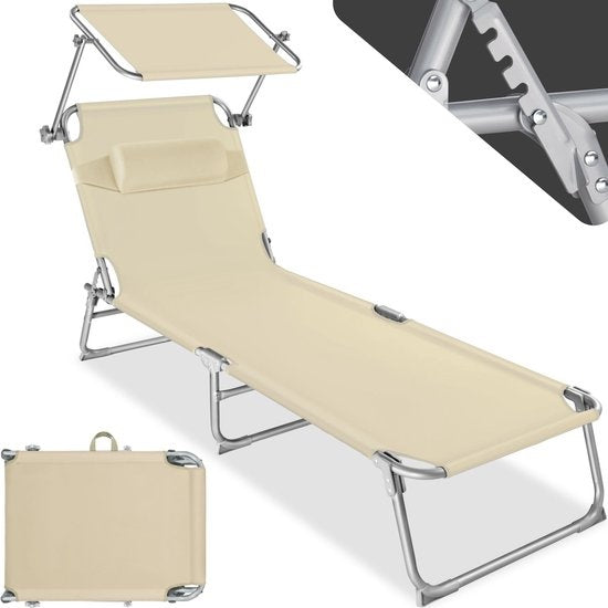 Chaise longue TECTAKE Transat en acier Pliable réglable, dossier à 4 positions avec oreiller- beige - 68 x 190 x 28 cm