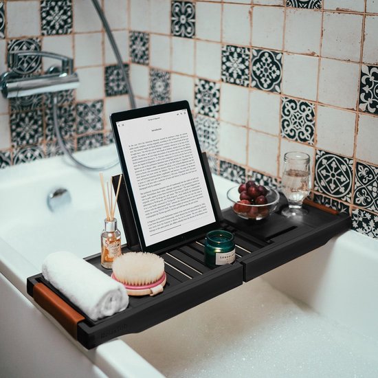 RelaxTub® Bathboard - Planche de bain pour la baignoire - Support de bain - Réglable - Antidérapant - Planche de bain noire - Planche de bain en bois - Support de bain avec porte-livre, porte-tablette et miroir