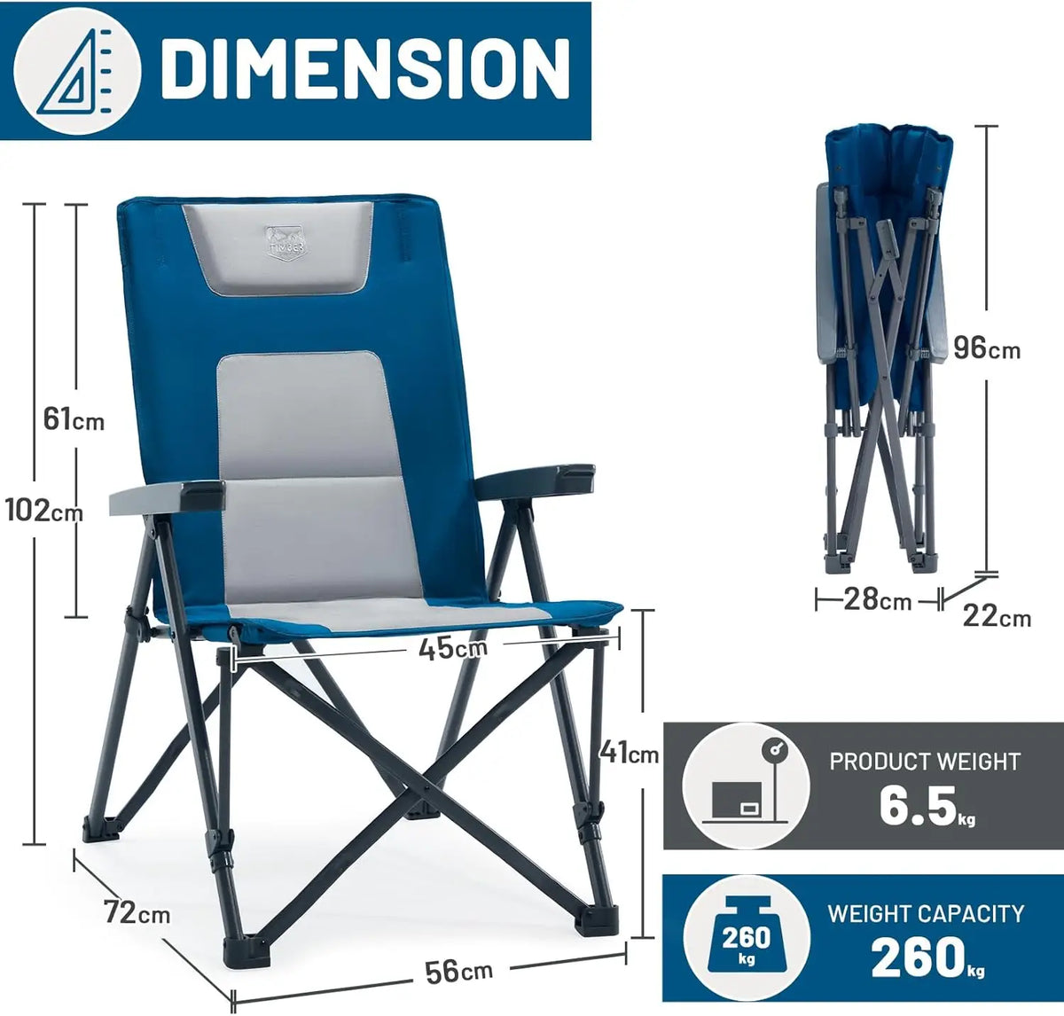 Ensemble de 2 chaises de camping pliantes Timber Ridge – Capacité de charge de 260 kg – Bleu – Polyester et acier