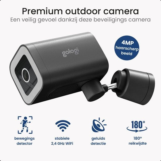 Gologi Premium Outdoor Camera - Caméra extérieure avec vision nocturne - Caméra de sécurité - Caméra de sécurité - 4MP - Caméra IP - Détection de son et de mouvement - Avec câble - Avec Wifi et App - Noir