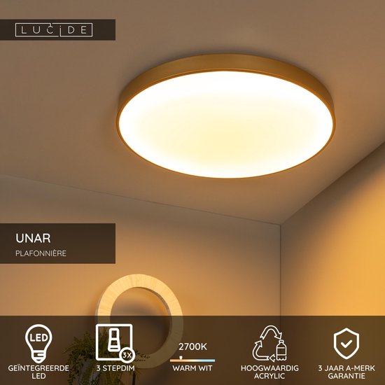 Lucide UNAR - Plafonnier - Ø 60 cm - LED 3 StepDim - 1x60 W 2700 K - Or mat / Laiton