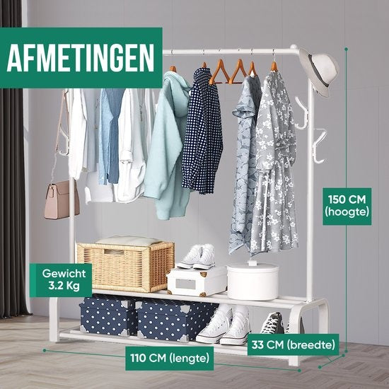 Portant à vêtements - Avalo - Métal - 110x33x150 CM - Dressing / Vestiaire de chambre - Rangement pour chaussures - Blanc