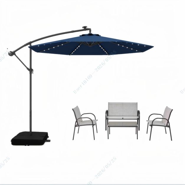 Ensemble de jardin 5 pièces avec parasol suspendu de 3 m et éclairage LED - Bleu/Gris