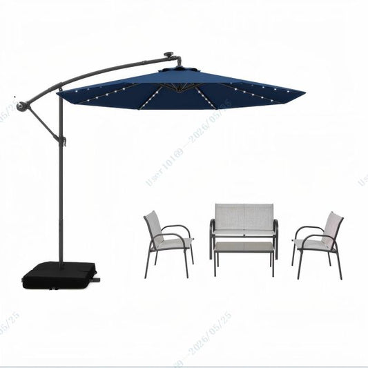 Ensemble de jardin 5 pièces avec parasol suspendu de 3 m et éclairage LED - Bleu/Gris