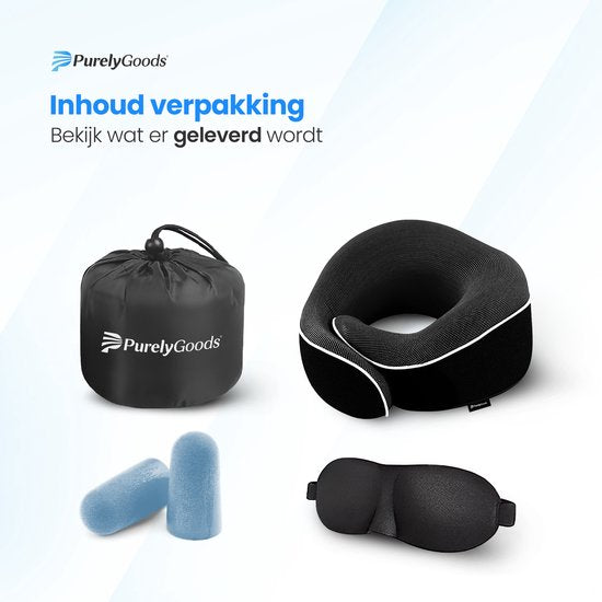 PurelyGoods® Neck Pillow - Luxury Travel Pillow Set - Memory Foam - Airplane & Car - Black - Incl. Sleep Mask and Earplugs