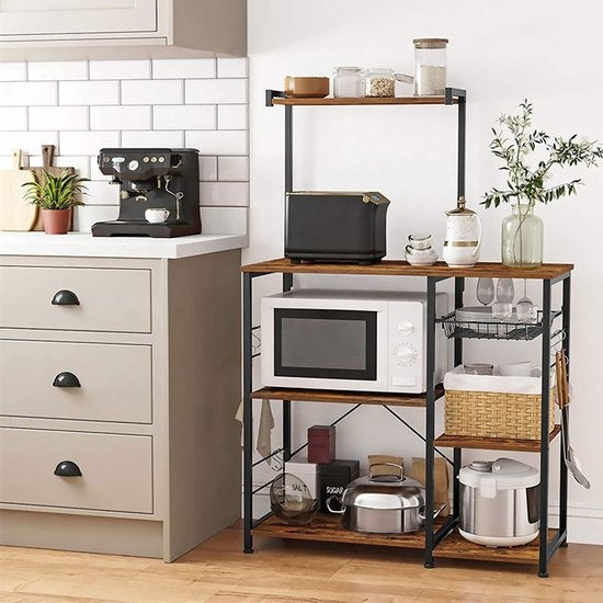 Goliving Armoire de cuisine - Etagère de cuisine verticale - Armoire à micro-ondes - Organisateur - Métal - Bois - 90 x 40 x 132 cm - Marron