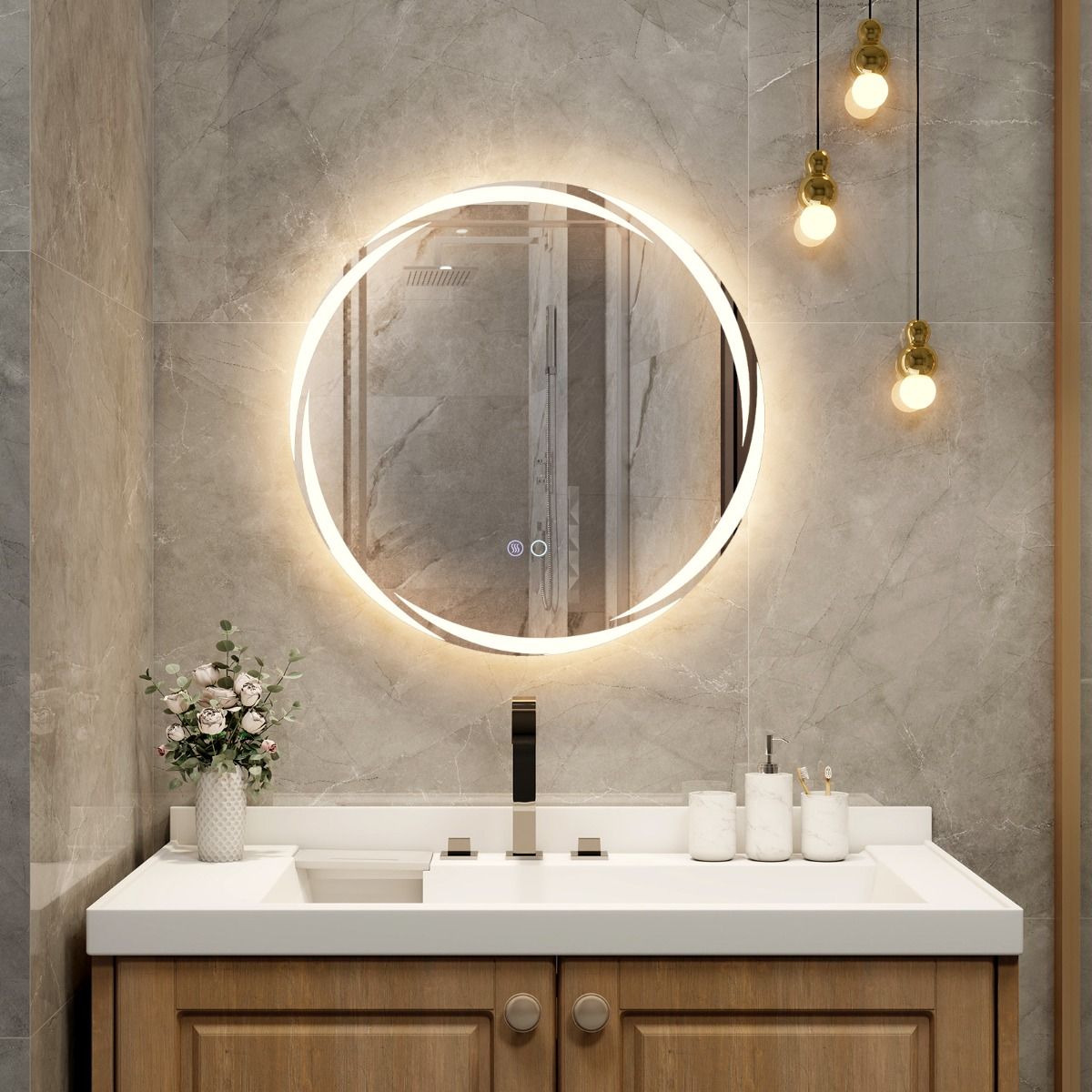 Coast 60x60 cm Miroir de salle de bain LED rond argenté avec éclairage 3 couleurs graduable, anti-buée et fonction mémoire