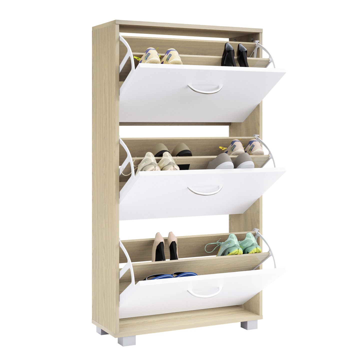 Armoire à chaussures - 3 volets - 115x60x24cm - 18 paires de chaussures - Chêne/Blanc