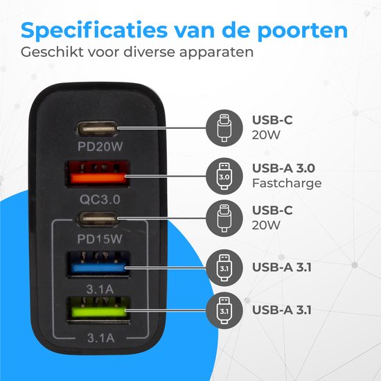 Nuvance - Adaptateur USB - 5 Ports - Prise USB - Chargeur USB - Convient à tout câble USB - Noir