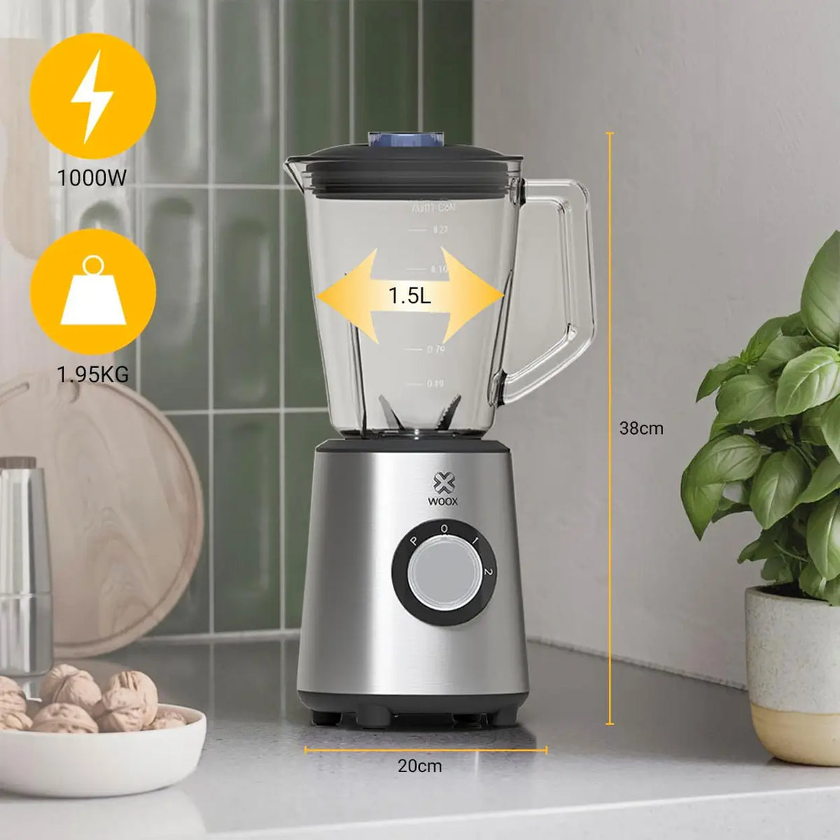 Mixeur Woox MX0198 - Argent - 1 000 W - 1,5 litre - Lame en acier inoxydable à 10 lames - 3 vitesses avec fonction « Pulse » - 20 x 20 x 38 cm