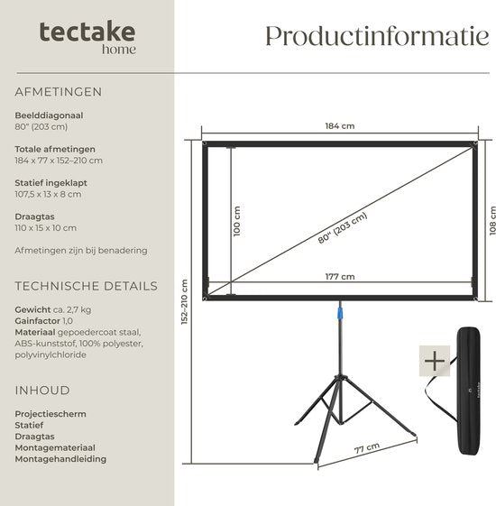 Écran de projection tectake® - 80 pouces - Écran de projection 16:9 avec trépied - 4K HD - Enroulable - Extensible - Toile de projection - Écran de présentation - Sac de transport inclus