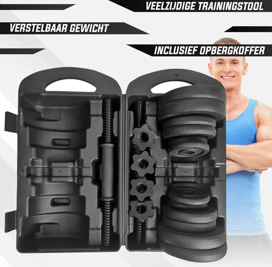 Fitby Dumbells 20KG - Haltères - Jeu de poids - Haltères réglables - Jeu d'haltères - Jeu d'haltères - Fonte - Boîtier de rangement inclus