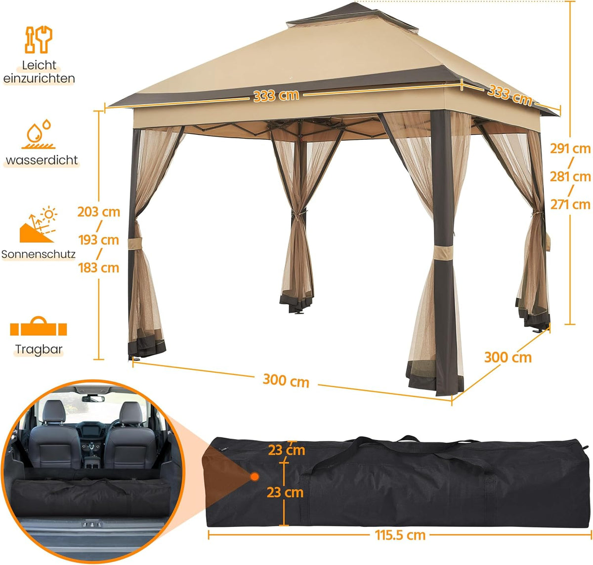 Pavillon pop-up Yaheetech 3,3 × 3,3 m avec 4 parois latérales en filet et sac de transport, couleur kaki/marron