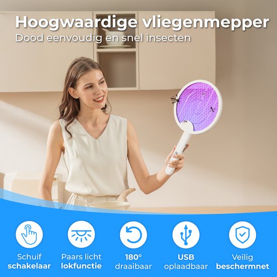Nuvance Electric Fly Swatter - 180° Swivel Handle - Mosquito Lamp - Usb Rechargeable - Fly Swatter - Mosquito Catcher - Uv - White