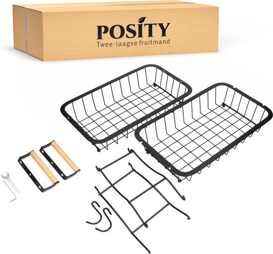 Posity Fruit Bowl 2 Layer - Fruit Basket - Fruit Etagere - Vegetable Basket - Wire Basket - With Banana Holder - Wood & Metal - Black