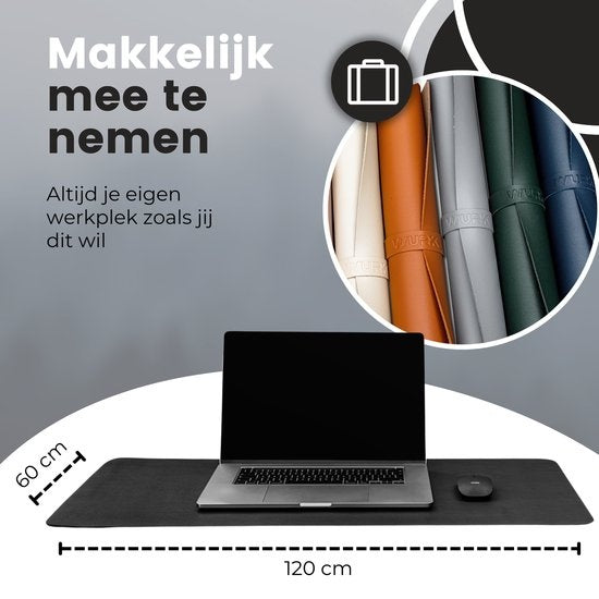 WURK Tapis de bureau professionnel en cuir synthétique - Organisateur de bureau - Accessoires de bureau - Tapis de souris XXL - Avec clip de câble - 120x60 - Noir