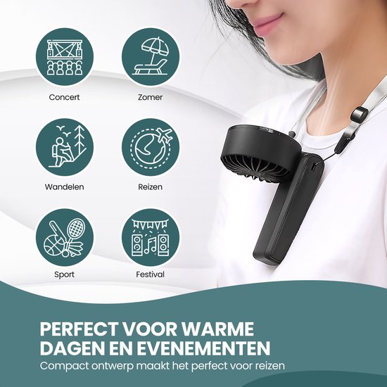 TTD® Hand Fan Rechargeable - Mini ventilateur - 5 étapes avec affichage numérique - 150 degrés de rotation - Tenez, posez ou accrochez à votre cou - USB-C Rechargeable - Batterie 5000 mAh