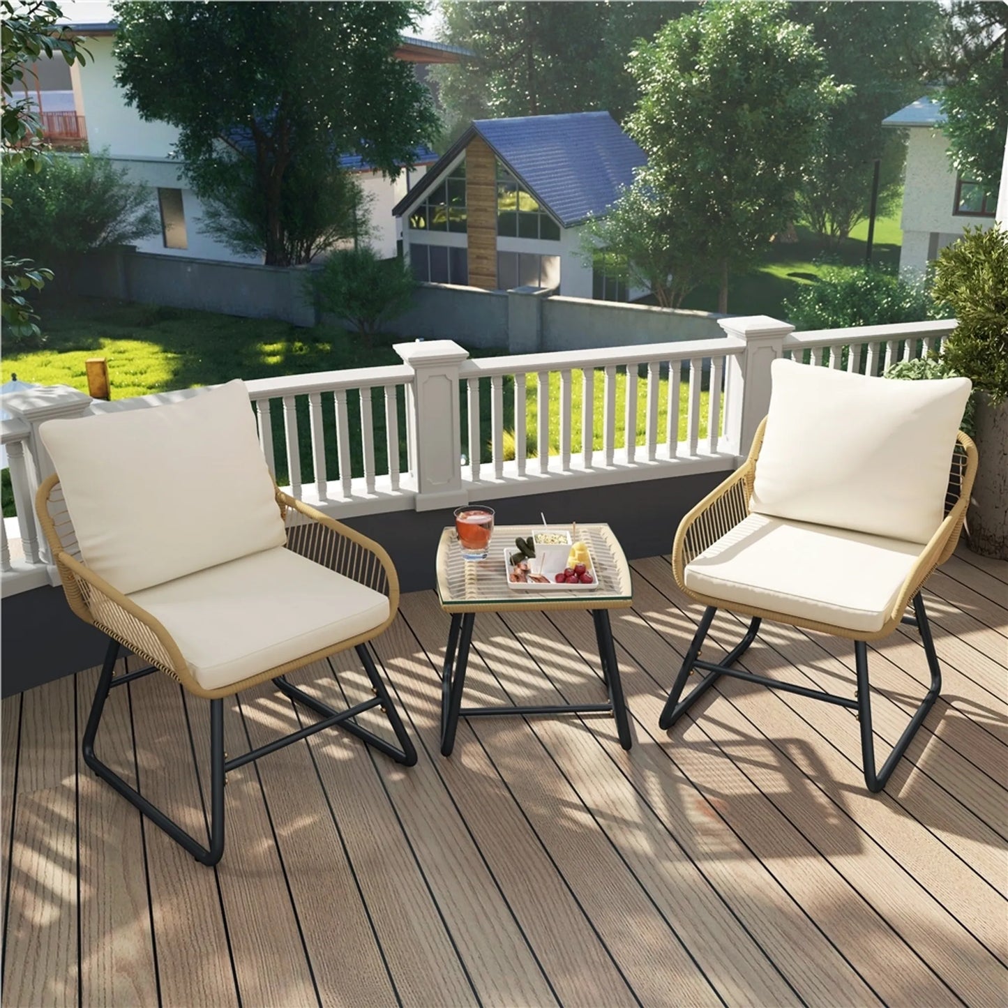 Yaheetech Bistro Garden Set 3-Piece - 61 x 65 x 76 cm - Comprend un plateau de table en verre et un siège et des coussins décoratifs - Pour balcon et terrasse - Light Brown and Metal