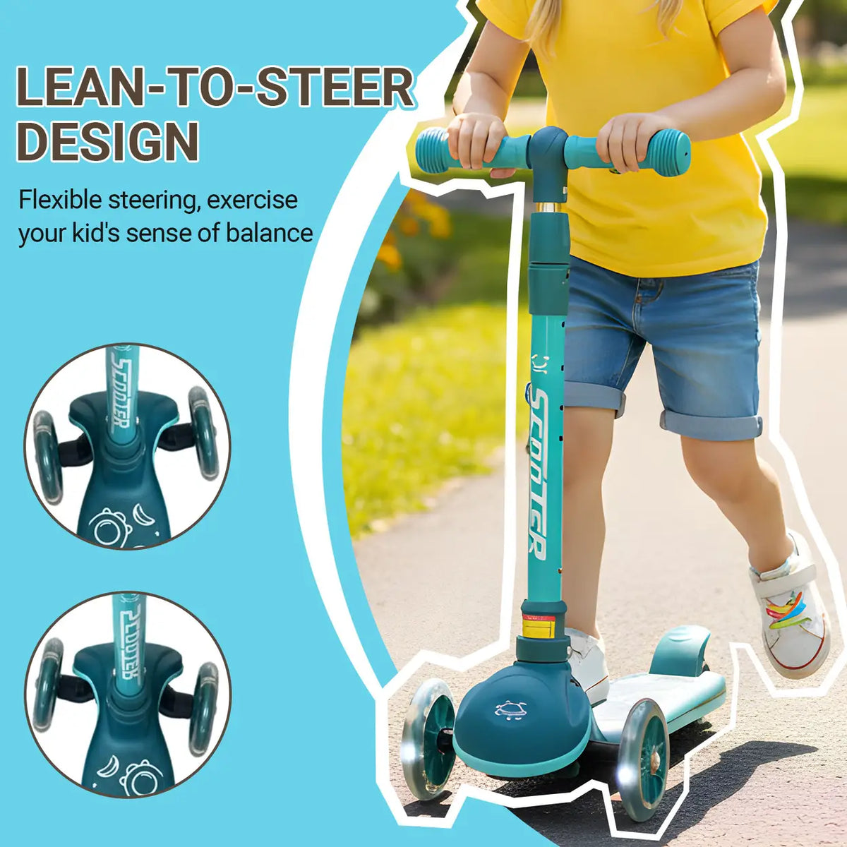 Trottinette pour enfants Neuleb KS004 - Verte - 3 roues avec éclairage LED - Pliable - Guidon réglable - De 3 à 10 ans
