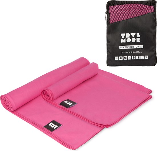 TRVLMORE Set de serviettes de voyage en microfibre - 2 pièces - Large (75 x 150 cm) & Extra Large (90 x 180 cm) - Microfibre - Rose