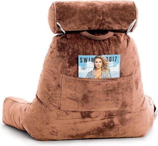 Ella® Coussin de lecture avec rouleau pour la nuque - Coussin de relaxation - Coussin de siège - Soutien du bas du dos - Coussin de lecture paresseux - Brun velouté