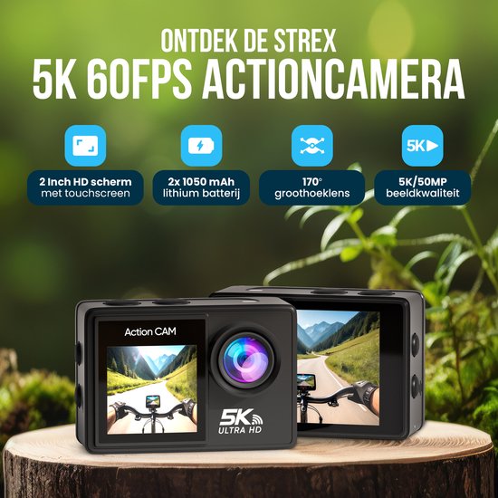 Camera 5K - Strex Action - 50MP, 60FPS - 30M - Waterproof - Écran tactile - Microphone externe - Accessoires inclus - Noir